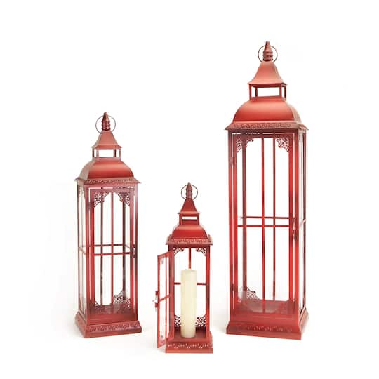 Ornate Red Metal Lantern Set, 20&#x22;, 28&#x22; &#x26; 37&#x22;